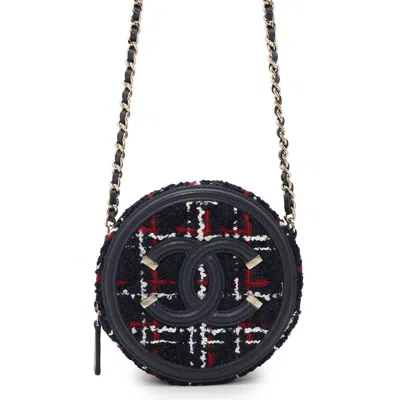 Pre-owned Chanel Navy Red Color White Tweed Shoulder Bag ()
