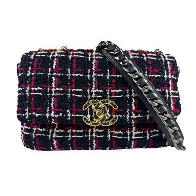 Pre-owned Chanel Navy Red Color White Tweed Shoulder Bag ()