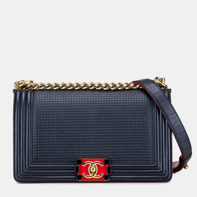 Pre-owned Chanel Navy Red Leather Coco Mark Boy 25 Chain Shoulder Bag In Blue