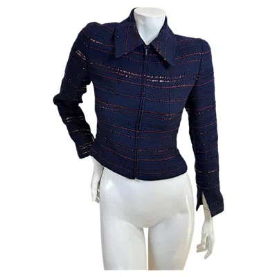 Pre-owned Chanel Navy Sequin Embellished Tweed Zip Jacket, France Fr 36 In Blue