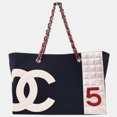 Pre-owned Chanel Navy Silver Canvas No.5 Choco Bar Tote Handbag In Blue