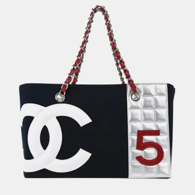 Pre-owned Chanel Navy Silver Canvas No.5 Choco Bar Tote Handbag In Multicolor