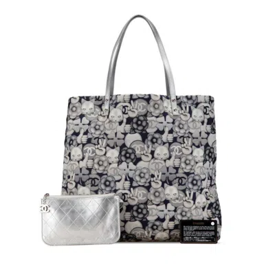 Pre-owned Chanel Navy Silver Nylon Leather Pouch Tote Bag () In Navy, Silver