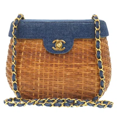 Pre-owned Chanel Navy Straw Leather Shoulder Bag () In Blue