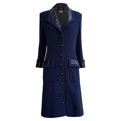 Pre-owned Chanel Navy Tweed Coat With Leather Accents 38 Fr In Blue