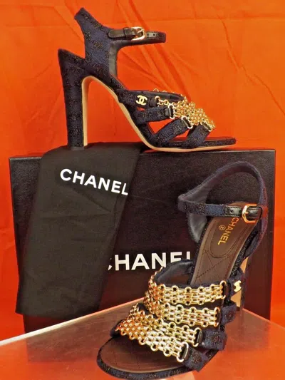 Pre-owned Chanel Navy Tweed Gold Strappy Chain Cc Pearl Logo Sandals Pumps 38.5 In White