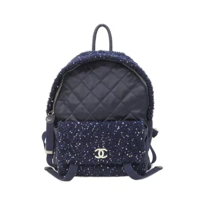 Pre-owned Chanel Navy Tweed Spandex Nylon Leather Backpack ()