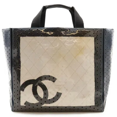 Pre-owned Chanel Navy White Vinyl Canvas Tote Bag () In Navy, White