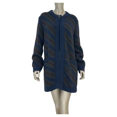Pre-owned Chanel Navy Wool Alpaca Striped Chunky Cardigan Sz 34 In Blue