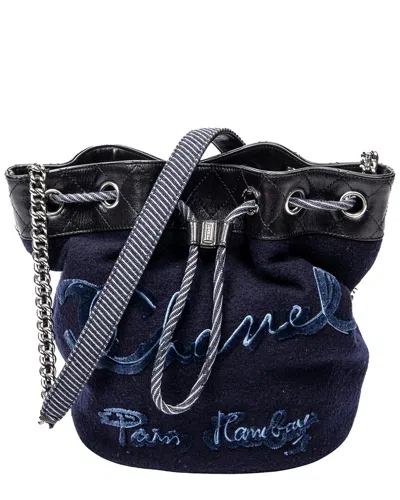 Pre-owned Chanel Navy/black Quilted Lambskin Leather Embroidered Wool Bucket Chain Bag  (authentic Pre-loved)
