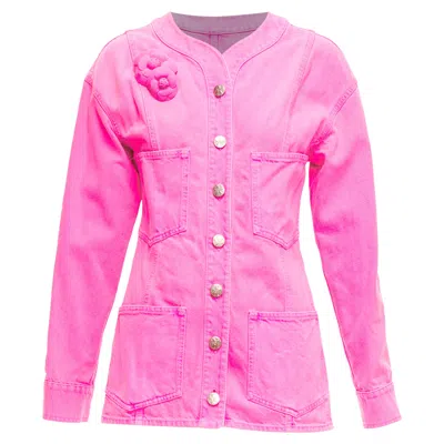 Pre-owned Chanel Neon Pink Cotton Denim Cc Logo Camellia Embellished Jacket
