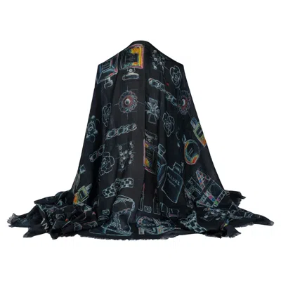 Pre-owned Chanel New Cashmere Shawl Navy Icons In Blue