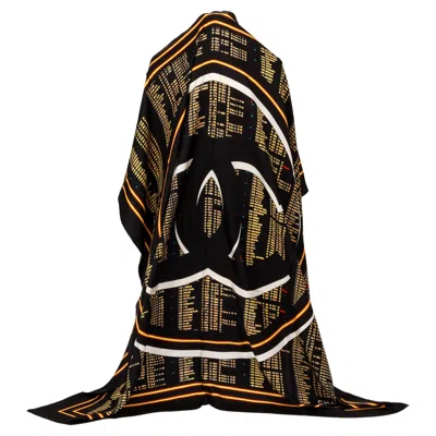 Pre-owned Chanel New  Black Gold Logo Cc Xl Silk 52" Scarf Shawl