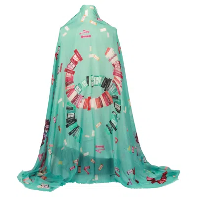 Pre-owned Chanel New  Cashmere Silk Teal Cc Logo Shawl Scarf 74" In Green
