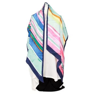 Pre-owned Chanel New  Coco Cuba Striped Silk Stole Scarf Shawl In Gray