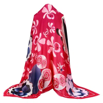 Pre-owned Chanel New  Floral Graphic Red Cashmere Shawl Scarf 54"