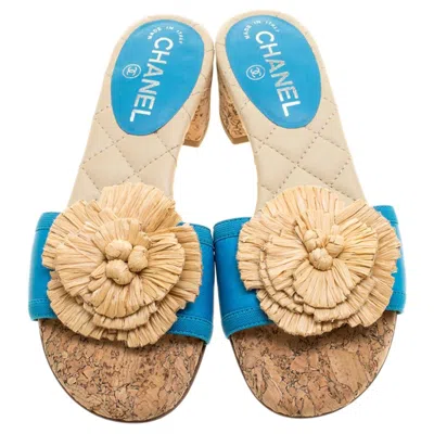 Pre-owned Chanel New  Turquoise Cork Camellia Straw Details Slide Sandals Heels Cc Logo 37