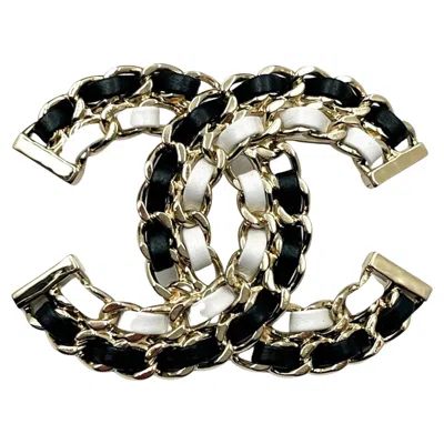 Pre-owned Chanel New Gold Cc Black And White Leather Chain Large Brooch