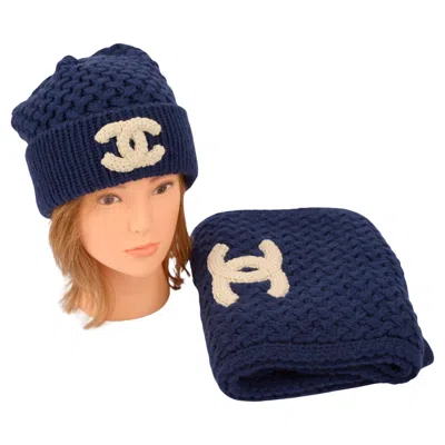 Pre-owned Chanel New Navy Knit Beanie & Scarf Set In Blue