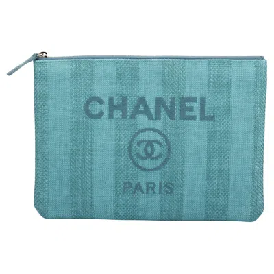 Pre-owned Chanel New Striped Deauville Aqua Clutch In Blue