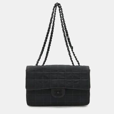 Pre-owned Chanel New Travel Line Chain Shoulder Bag Nylon Jacquard Leather Black