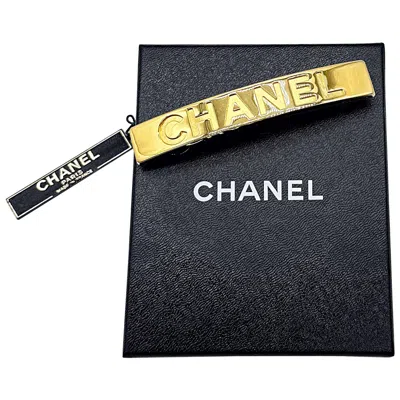 Pre-owned Chanel New Vintage  90s Gold Logo Barrette 1990s Hair Clip Pin W/ Box In Black