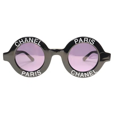 Pre-owned Chanel New Vintage  Iconic Round "  Paris " Black Sunglasses Made In Italy