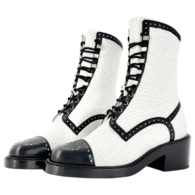 Pre-owned Chanel Nib  Cc Velvet And Lambskin White Black Platform Lace Up Ankle Boots 38.5