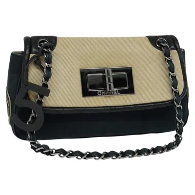 Pre-owned Chanel No.5 Giant Mademoiselle Lock Flap Bag Canvas With Leather Canvas Shoulder Bag Bag () In Blue