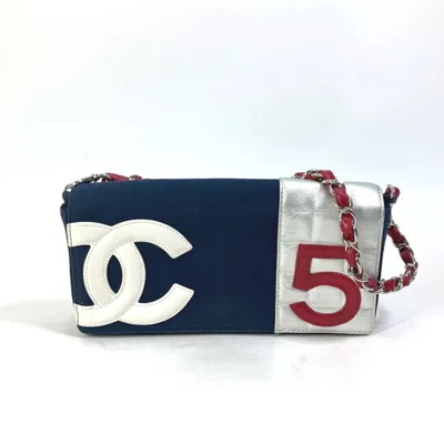Pre-owned Chanel No.5 Navy Red Color Silver Canvas Leather Shoulder Bag ()