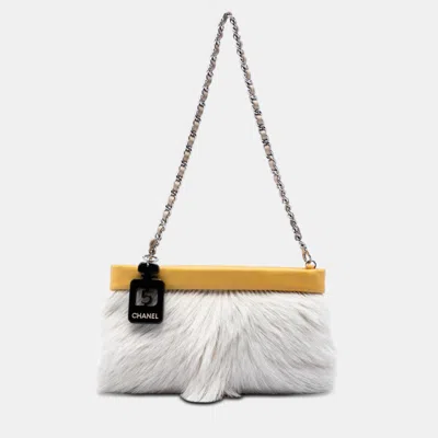 Pre-owned Chanel No.5 Perfume Bottle Charm White Rabbit Fur Yellow Leather Shoulder Bag