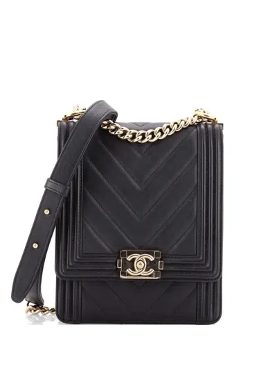 Pre-owned Chanel North South Boy Flap Bag Chevron Lambskin Small Crossbody Bag In Black