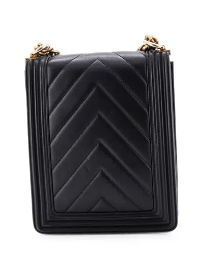 Pre-owned Chanel North South Boy Flap Bag Chevron Lambskin Small Crossbody Bag In Black