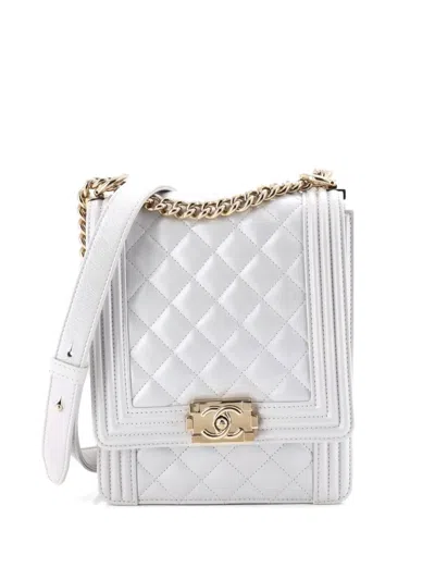 Pre-owned Chanel North South Boy Flap Bag Quilted Iridescent Calfskin Small Crossbody Bag In Gray