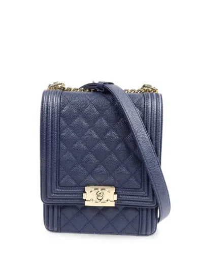 Pre-owned Chanel North South Boy Quilted Cross Body Bag In Blue