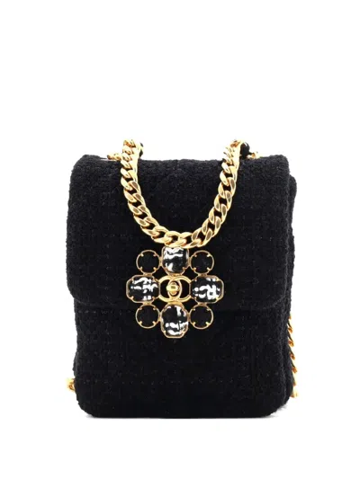 Pre-owned Chanel North South Cc Bijoux Chain Flap Quilted Tweed Mini Shoulder Bag In Black