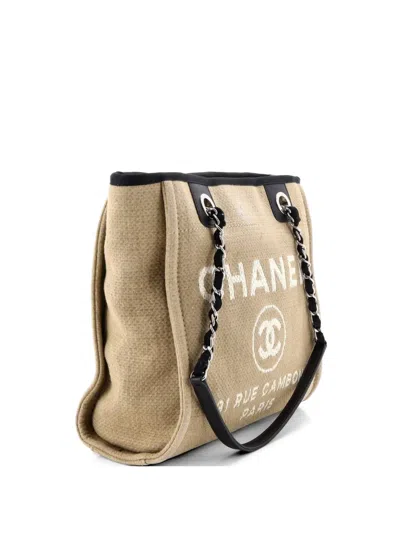 Pre-owned Chanel North South Deauville Canvas Small Tote Bag In Neutral
