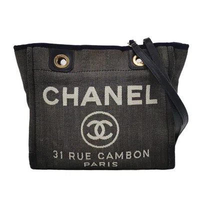 Pre-owned Chanel North South Deauville Tote Navy Denim Top Handle Shoulder Bag, 2012-2013 In Blue