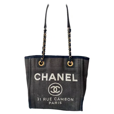 Pre-owned Chanel North South Deauville Tote Navy Denim Top Handle Shoulder Bag, 2012-2013 In Blue