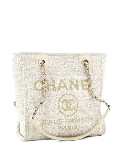 Pre-owned Chanel North South Deauville Tote Raffia With Glitter Detail Small Shoulder Bag In Gold