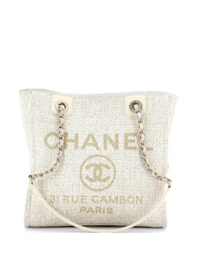 Pre-owned Chanel North South Deauville Tote Raffia With Glitter Detail Small Shoulder Bag In Neutral