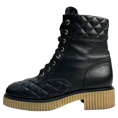 Pre-owned Chanel Nwob  20b Black Quilted Cc Platform Combat Boots Sz.38.5