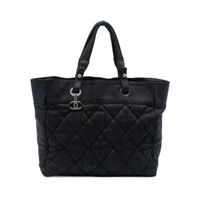 Pre-owned Chanel Nylon Medium Quilted Nylon Paris Biarritz Tote In Black