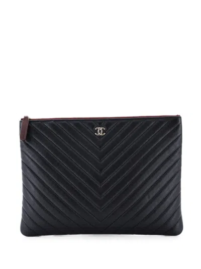 Pre-owned Chanel O Case Chevron Calfskin Large Clutch Bag In Black