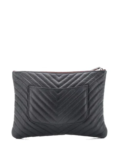 Pre-owned Chanel O Case Chevron Caviar Medium Clutch Bag In Black