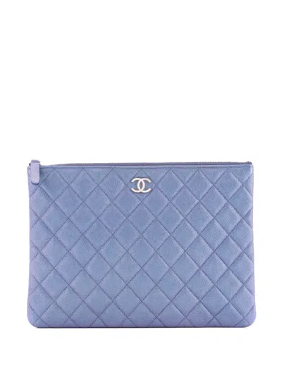 Pre-owned Chanel O Case Quilted Caviar Medium Clutch Bag In Blue