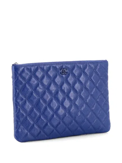 Pre-owned Chanel O Case Quilted Caviar Medium Clutch Bag In Blue