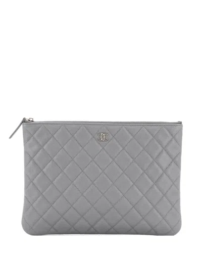 Pre-owned Chanel O Case Quilted Caviar Medium Clutch Bag In Gray