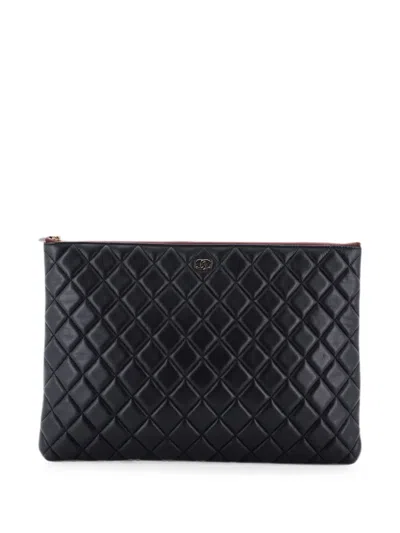 Pre-owned Chanel O Case Quilted Lambskin Large Clutch Bag In Black