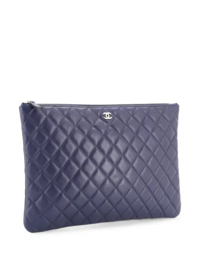 Pre-owned Chanel O Case Quilted Lambskin Large Clutch Bag In Blue